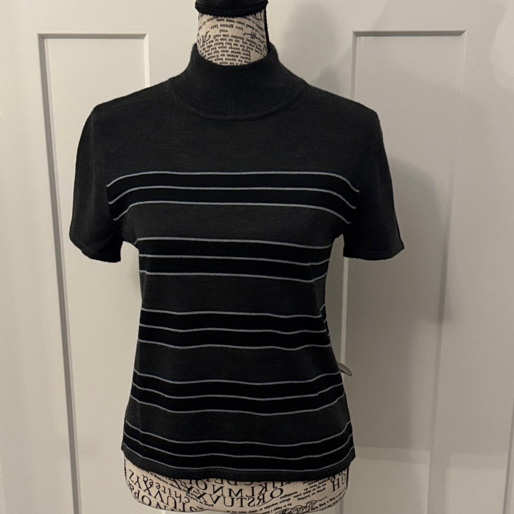 Tahari Black Tee with Subtle Gray Stripes